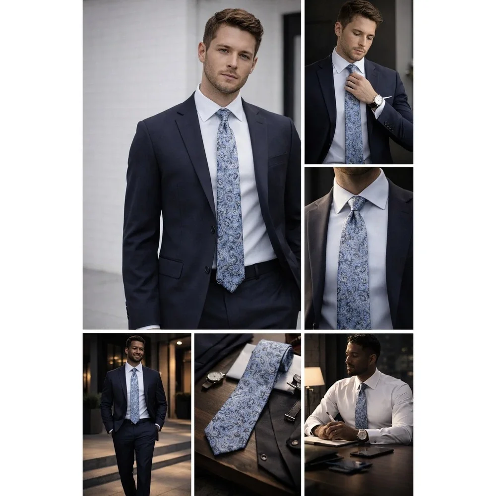 Men's Light Blue Paisley Dress Tie Classic Necktie